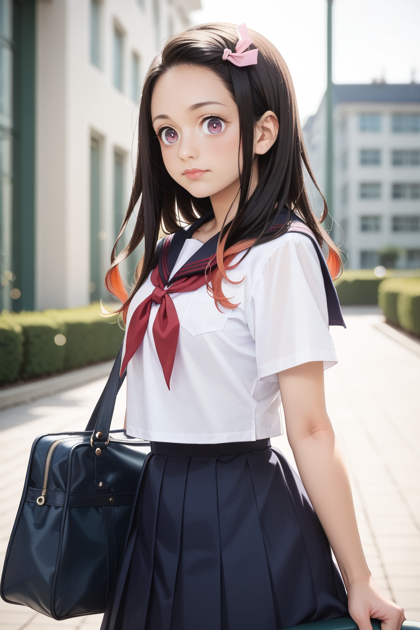 score_9, score_8_up, score_7_up,realistic,bokeh,nezukob,1girl, black hair, purple eyes,white pupils, pink hair ribbon, two-tone hair, school uniform, blue sailor colar,white shirt, red neckerchief, blue skirt,short sleeves,looking at viewer,outdoors,school,building,school bag,shoulder bag,(from side:0.8)  <lora:NezukoPony_v2:1>