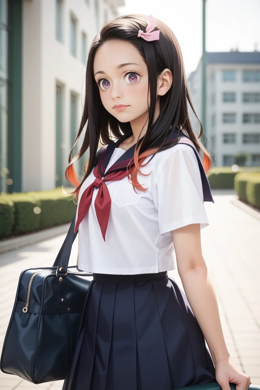 score_9, score_8_up, score_7_up,realistic,bokeh,nezukob,1girl, black hair, purple eyes,white pupils, pink hair ribbon, two-tone hair, school uniform, blue sailor colar,white shirt, red neckerchief, blue skirt,short sleeves,looking at viewer,outdoors,school,building,school bag,shoulder bag,(from side:0.8) <lora:NezukoPony_v2:1>
