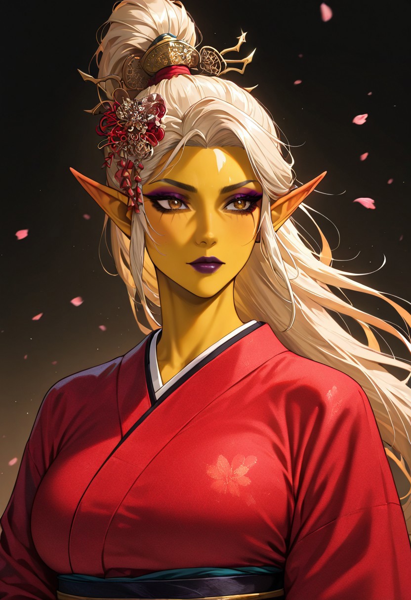 masterpiece, best quality, newest, absurdres, highres, easynegative, MFMOV1.0, mature female,
1girl, asian, asian female, elf, elf girl, pointy ears, long hair, yellow skin, blonde hair, golden colored skin, ponytail long ponytail, high taied ponytail, makeup, mascara, brown eyes, golden eyes,
kimono, red kimono, japanese clothes, hair ornament,