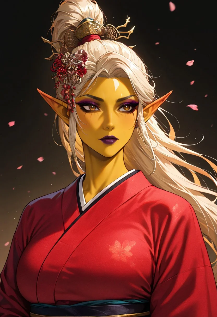 masterpiece, best quality, newest, absurdres, highres, easynegative, MFMOV1.0, mature female,
1girl, asian, asian female, elf, elf girl, pointy ears, long hair, yellow skin, blonde hair, golden colored skin, ponytail long ponytail, high taied ponytail, makeup, mascara, brown eyes, golden eyes,
kimono, red kimono, japanese clothes, hair ornament,