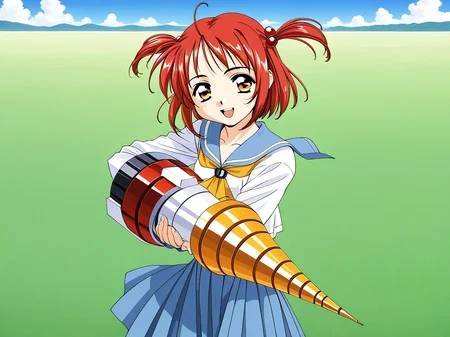 general,highres, ultra-detailed,very aesthetic,best quality ,best hands, BREAK <lora:Megumi_Spiral_NAMI_IS:1>
Drill_Megumi, 1girl, drill, weapon, drill arms, android, red hair, short hair, brown eyes, hair bobbles, hair ornament, two side up,
BREAK,
solo, school uniform, serafuku, blue skirt, long sleeves,
open mouth, smile, pleated skirt, looking at viewer, ã2000s \(style\),
smile,looking at viewer, cowboy_Shot,
grass, sky,