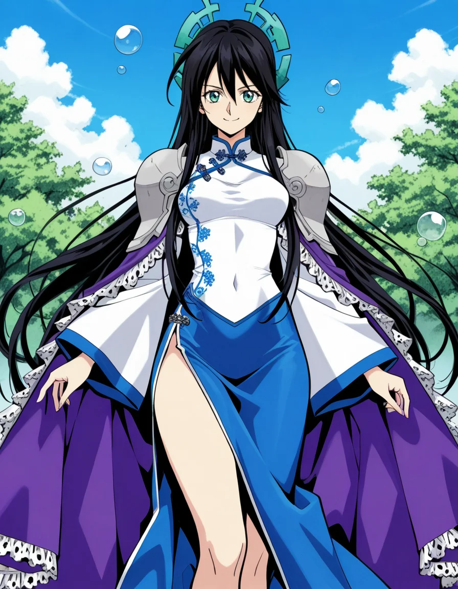 official style,Ryukichi kousyu,black hair,very long hair,green eyes,purple frilled cape,shoulder armor,wide sleeves,(white china dress:1.5),blue long skirt,bubble,from front,facing viewer,front view,front angle shot,shoot from front,straight-on,outdoors,sky,day,
explicit,soft brightness,perfect face,perfect nose, perfect hair, perfect eyes,perfect female body,perfect skin,a face of perfect proportion,perfect lighting,perfect anatomy,perfect proportion,perfect hands,perfect legs,perfect fingers,masterpiece,hair between eyes,
medium breasts,
perky breasts,best quality,very aesthetic,absurdres,16k,intricate detail,amazing quality,(bold:3.12),thick outline,black outline,harsh lines,soft lines,deluster,boldline,curvy,smile,slim,(hat:-1),(empty eyes:-1),(emphasis lines:-1),
looking at viewer,
super fine illustration,detailed linework,vibrant colors,kawaii,flat color,
<lora:è¤å´ç«ç_å°ç¥æ¼ç¾©ç«åå
¬ä¸»illustriousFujisaki_Ryu_version_style_Houshin_Engi_Princess_Ryukichiillustrious:1:0.8>