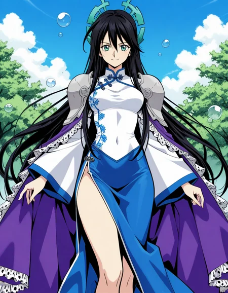 official style,Ryukichi kousyu,black hair,very long hair,green eyes,purple frilled cape,shoulder armor,wide sleeves,(white china dress:1.5),blue long skirt,bubble,from front,facing viewer,front view,front angle shot,shoot from front,straight-on,outdoors,sky,day,
explicit,soft brightness,perfect face,perfect nose, perfect hair, perfect eyes,perfect female body,perfect skin,a face of perfect proportion,perfect lighting,perfect anatomy,perfect proportion,perfect hands,perfect legs,perfect fingers,masterpiece,hair between eyes,
medium breasts,
perky breasts,best quality,very aesthetic,absurdres,16k,intricate detail,amazing quality,(bold:3.12),thick outline,black outline,harsh lines,soft lines,deluster,boldline,curvy,smile,slim,(hat:-1),(empty eyes:-1),(emphasis lines:-1),
looking at viewer,
super fine illustration,detailed linework,vibrant colors,kawaii,flat color,
<lora:è¤å´ç«ç_å°ç¥æ¼ç¾©ç«åå
¬ä¸»illustriousFujisaki_Ryu_version_style_Houshin_Engi_Princess_Ryukichiillustrious:1:0.8>