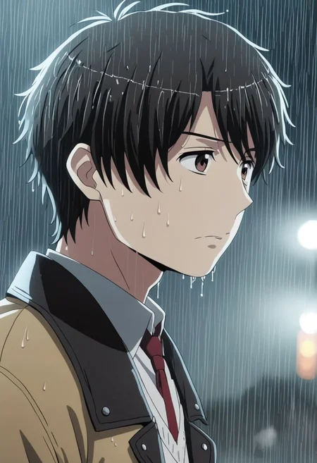 high resolution, solo, best quality, 1Boy, Inaho Kaizuka, Black Hair, Brown Eyes, heavy rain, downtown, night, looking down, sad, leather jacket, looking away, wet, wet hair, OverallDetail