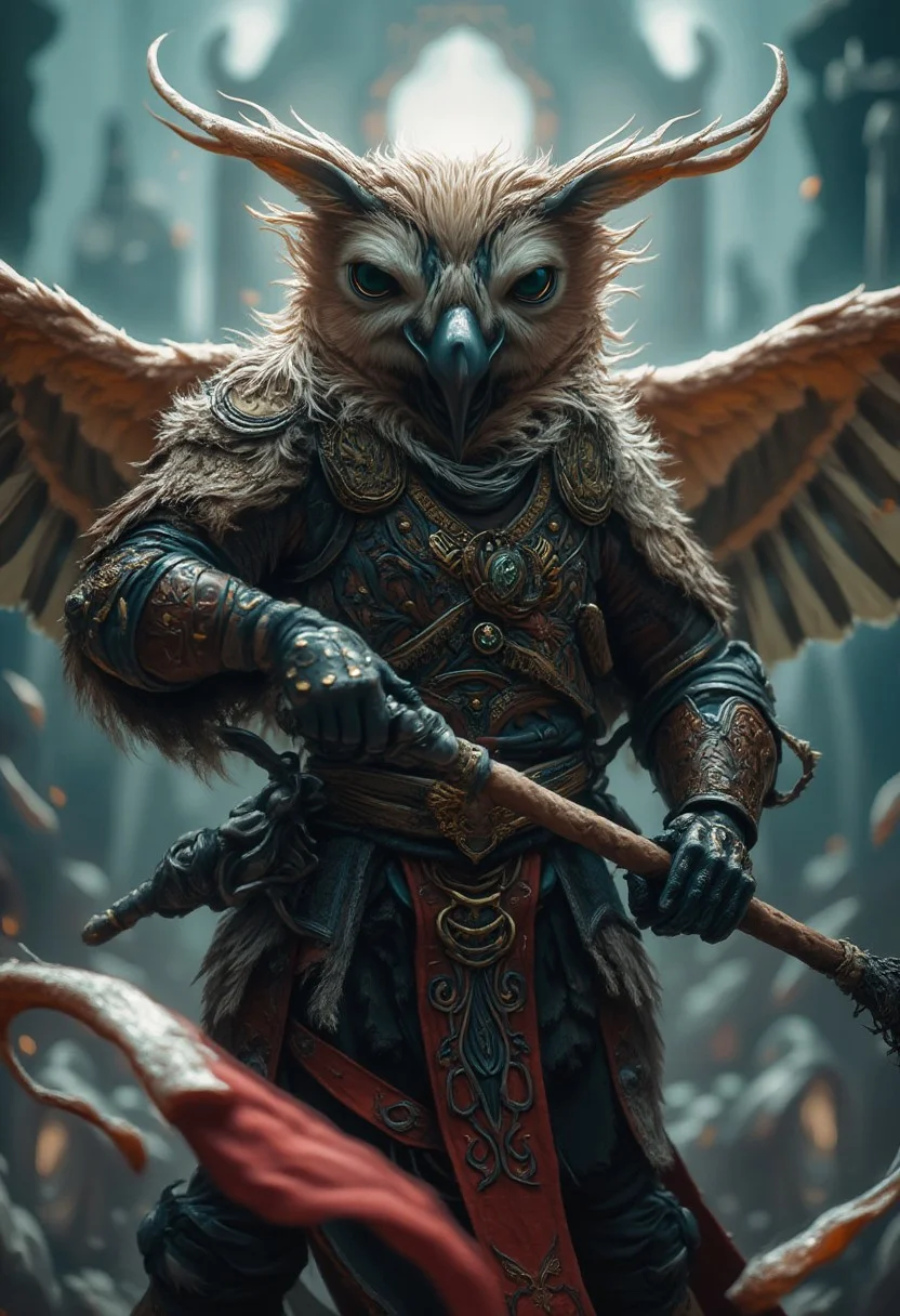 A humanoid owl in bushido armor from fantasy world using a holy silver whip in a dramatic dinamic pose, open wings, blurry background,