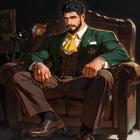 <lora:Yorn__Potion_Permit:.4>, yornpermit, yorn_black hair, yorn_green eyes, 1boy, spiked hair, short hair, beard, mustache, sideburns, solo, male focus, bara, green blazer, white collared shirt, yellow ascot, belt, brown pants, brown leather shoes, arms tattoo, anchor (symbol)
(very short hair), male focus, muscular male, bara, mature, (hairy body, hairy, body hair, arm hair, leg hair, hairy body, glossy skin, bara, mature, facial hair, beard, full beard, sideburn, mustache, stubble), facial hair, bara, mature, body hair, aixiwuganda_(20222192), very awa, masterpiece, best quality, absurdres, newest, perfect quality, detailed background, intricate details,<lora:slider_Body Type_alpha1.0_rank4_noxattn_last:1><lora:Anime Summer Days 2 Style SDXL_LoRA_Pony Diffusion V6 XL:.6><lora:merged:.7>, DARK, DARK BACKGROUND, LOW-KEY LIGHTING <lora:slider_cfg_scale_boost:.7><lora:Artist6p:.55>, Artist6p, Artist04p,<lora:slider_il_brightness_slider_d1:-.3><lora:slider_il_contrast_slider_d1:-.25>,<lora:slider_contract_controller_illus01_v1:.3>, <lora:addon_illustriousXLv01_stabilizer_v1.121:.5>,<lora:slider_DarkSlider1.2_alpha1.0_rank16_full_300steps:-.1><lora:Heavenly_Beauty_r1:1>, (heavenlybeauty,)<lora:slider_style_strength_controller_illus01_v1:.25><lora:slider_longlegs-slider-illu-v1:10>,