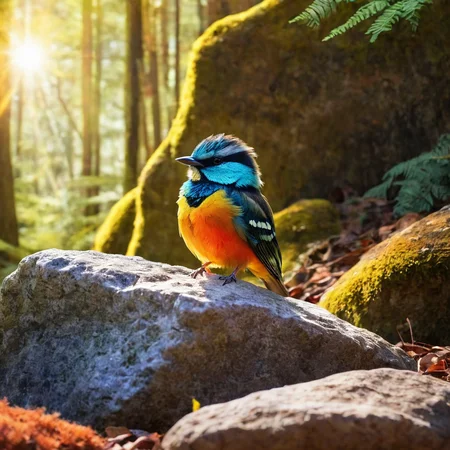 A colorful bird sitting on a rock in a sunny forest,<lora:HMSGé¸ç±»æå½±XL-000001:1>,
