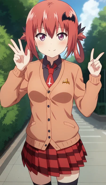 score_9,score_8_up,score_7_up,score_6_up BREAK official art,solo,outdoors,cowboy shot,looking at viewer,facing viewer,smile,blush,Satanichia Kurumizawa McDowell,long hair,red hair,hair rings,black ribbon,bat hair ornament,sidelocks,hair between eyes,bangs,purple eyes,orange cardigan,red necktie,inverted cross,black shirt,collared shirt,medium breasts,red skirt,plaid skirt,pleated skirt,black socks,loafers,<lora:Satanichia Kurumizawa McDowell(gd)-Pony:1.4>,