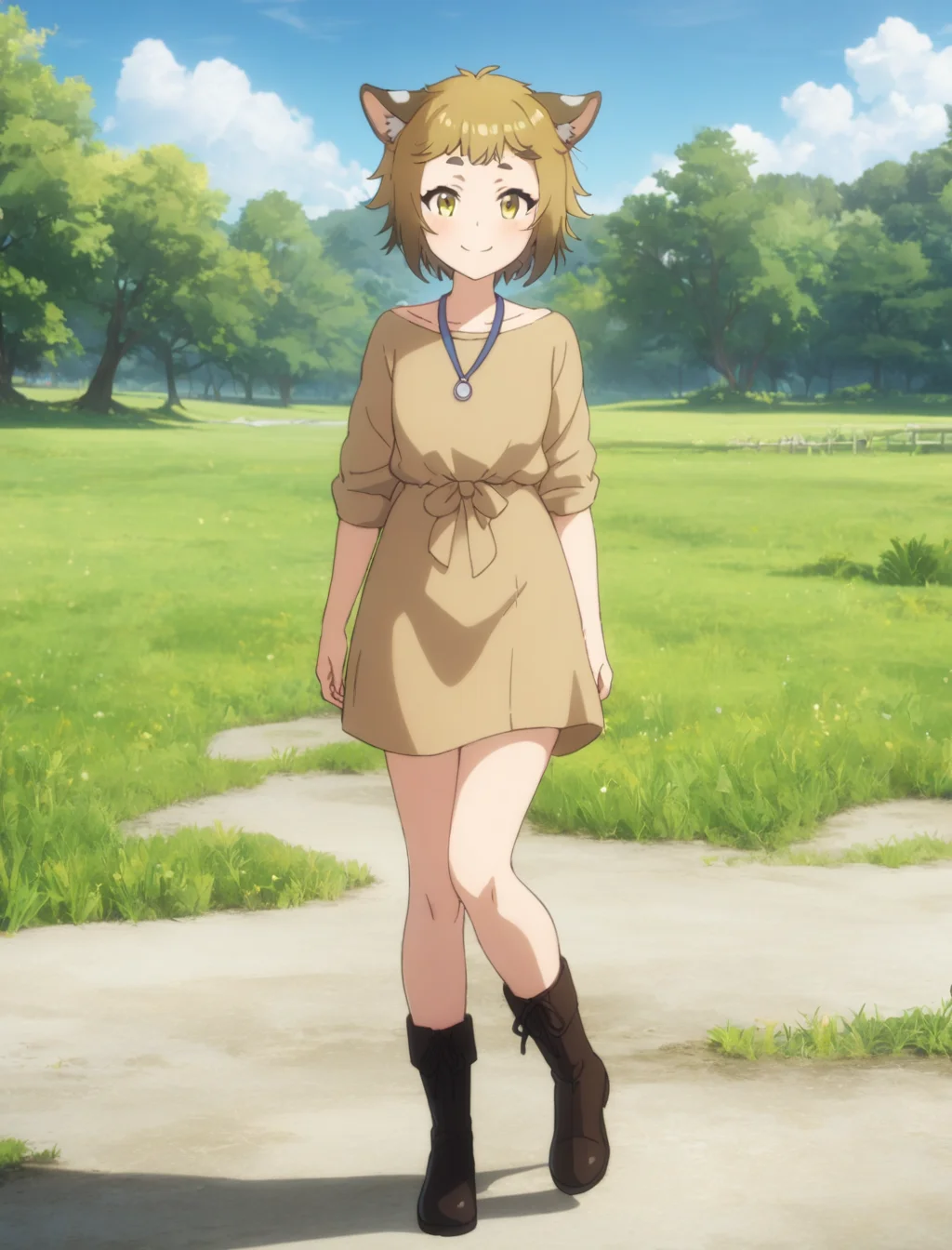 1girl, millie, masterpiece, best quality, very aesthetic, outdoors, grass, blue sky, smile, source_anime, full body, black boots, <lora:millie_the-new-gate-000009:0.5>