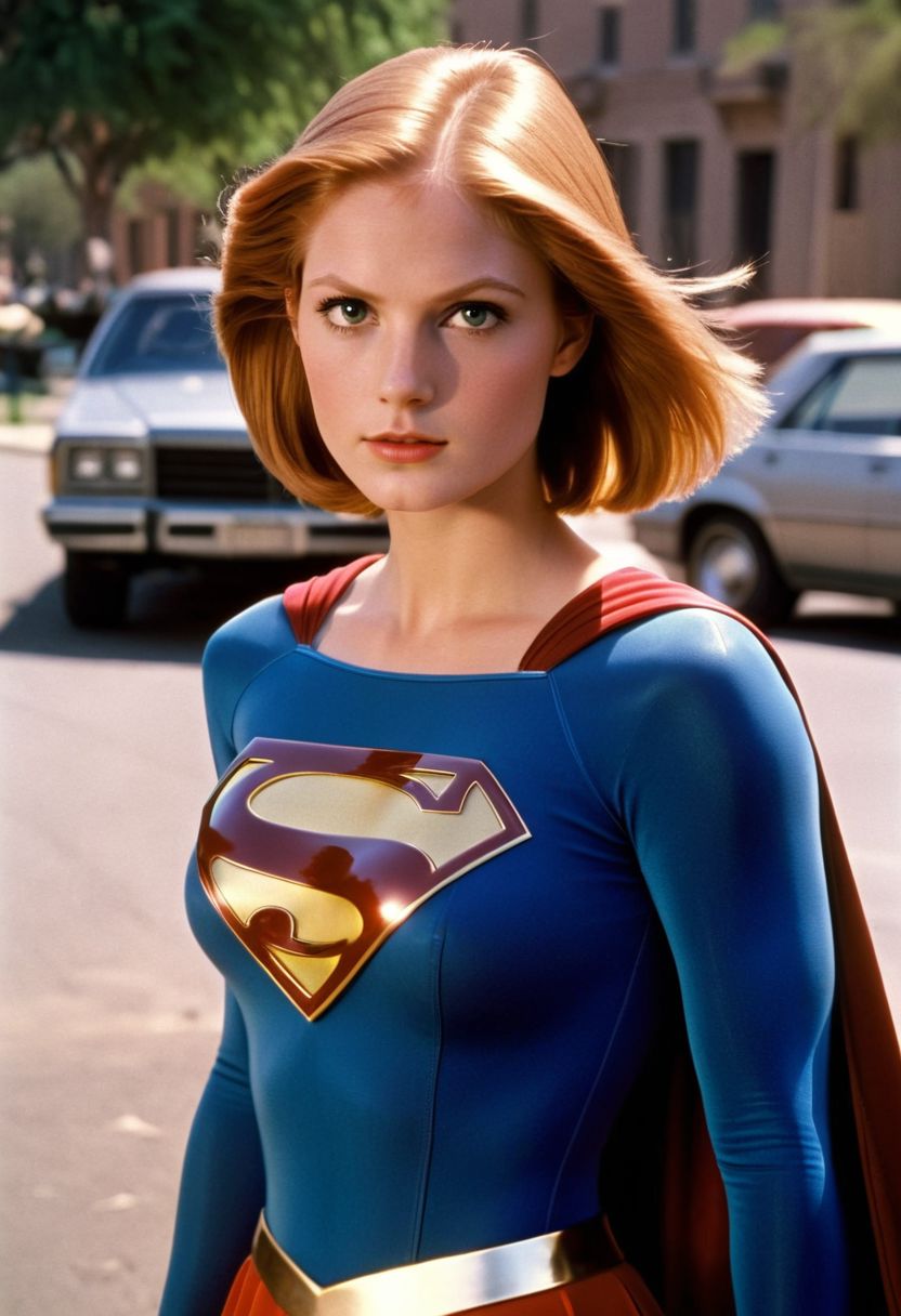 1980s Supergirl film costume, youthful ginger-haired Supergirl, facing forward, shiny voluminous smooth straight side-parting short bob haircut, dark-brown eyes, Supergirl film 1980s, ultra-realistic photo, Hyperdetailed photography, sharp focus