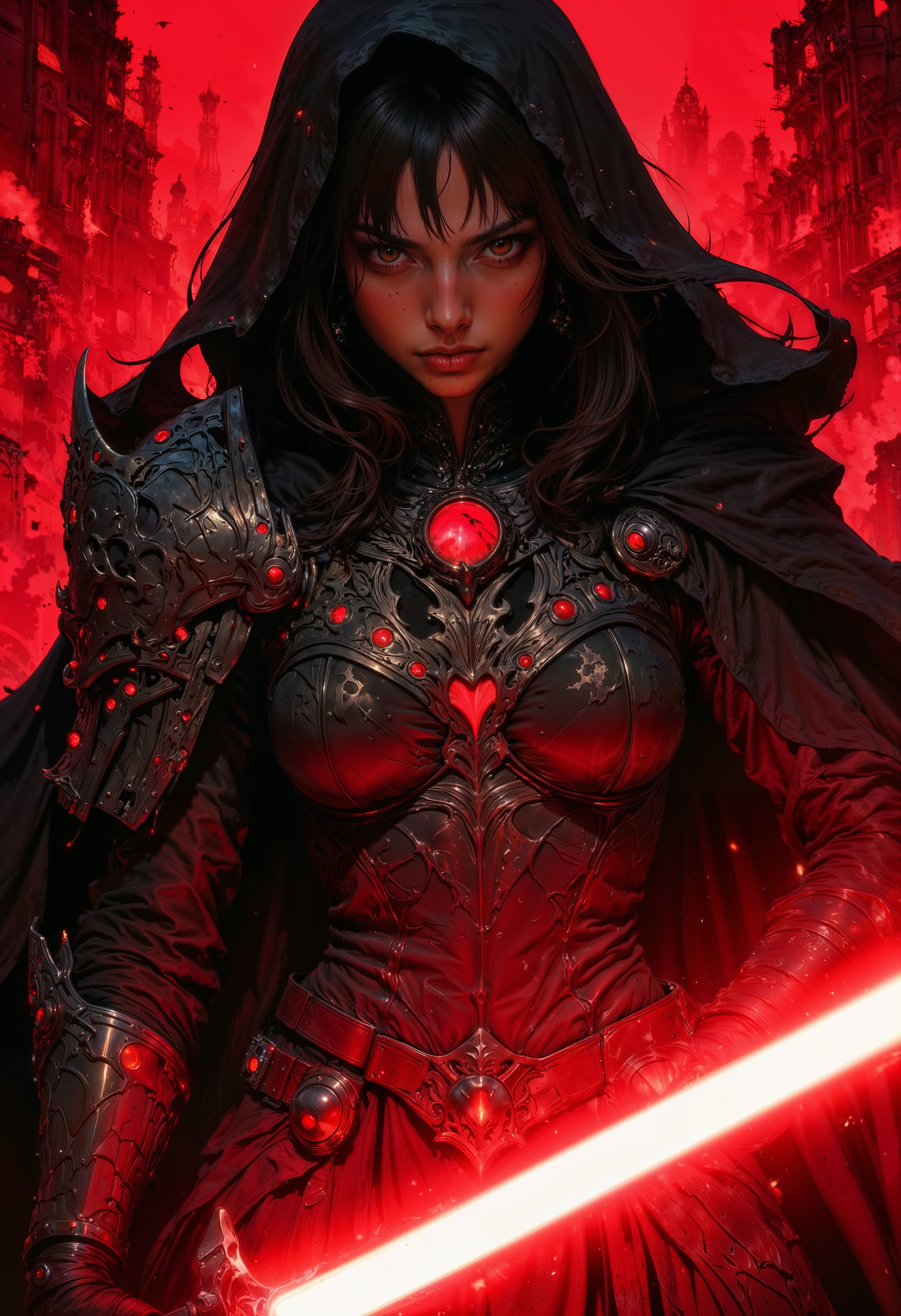 A highly detailed digital artwork in a photorealistic style, depicting a powerful female warrior holding a glowing red lightsaber. The woman, who appears to be of Middle Eastern descent, has long, flowing black hair cascading down her shoulders. Her skin is a deep, rich brown, and her eyes are intense, with a piercing gaze. She is adorned in intricately designed armor that covers her shoulders, chest, and forearms, with a mix of dark metal and leather textures. The armor has a futuristic and medieval blend, featuring complex, almost organic patterns and glowing red accents. She wears a dark, flowing cape that billows behind her, adding to her commanding presence.
The background is a striking, vibrant red, with shadowy, indistinct figures in the distance, creating a sense of depth and intensity. The lighting is dramatic, casting highlights and shadows across her face and armor, emphasizing her muscular physique and the intricate details of her attire. The lightsaber she wields emits a bright, intense red light, illuminating her face and adding to the overall sense of power and danger in the scene. This image exudes a blend of fantasy and science fiction, with a strong, heroic female character at its center.