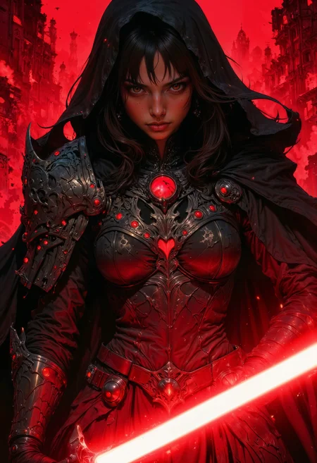 A highly detailed digital artwork in a photorealistic style, depicting a powerful female warrior holding a glowing red lightsaber. The woman, who appears to be of Middle Eastern descent, has long, flowing black hair cascading down her shoulders. Her skin is a deep, rich brown, and her eyes are intense, with a piercing gaze. She is adorned in intricately designed armor that covers her shoulders, chest, and forearms, with a mix of dark metal and leather textures. The armor has a futuristic and medieval blend, featuring complex, almost organic patterns and glowing red accents. She wears a dark, flowing cape that billows behind her, adding to her commanding presence.
The background is a striking, vibrant red, with shadowy, indistinct figures in the distance, creating a sense of depth and intensity. The lighting is dramatic, casting highlights and shadows across her face and armor, emphasizing her muscular physique and the intricate details of her attire. The lightsaber she wields emits a bright, intense red light, illuminating her face and adding to the overall sense of power and danger in the scene. This image exudes a blend of fantasy and science fiction, with a strong, heroic female character at its center.