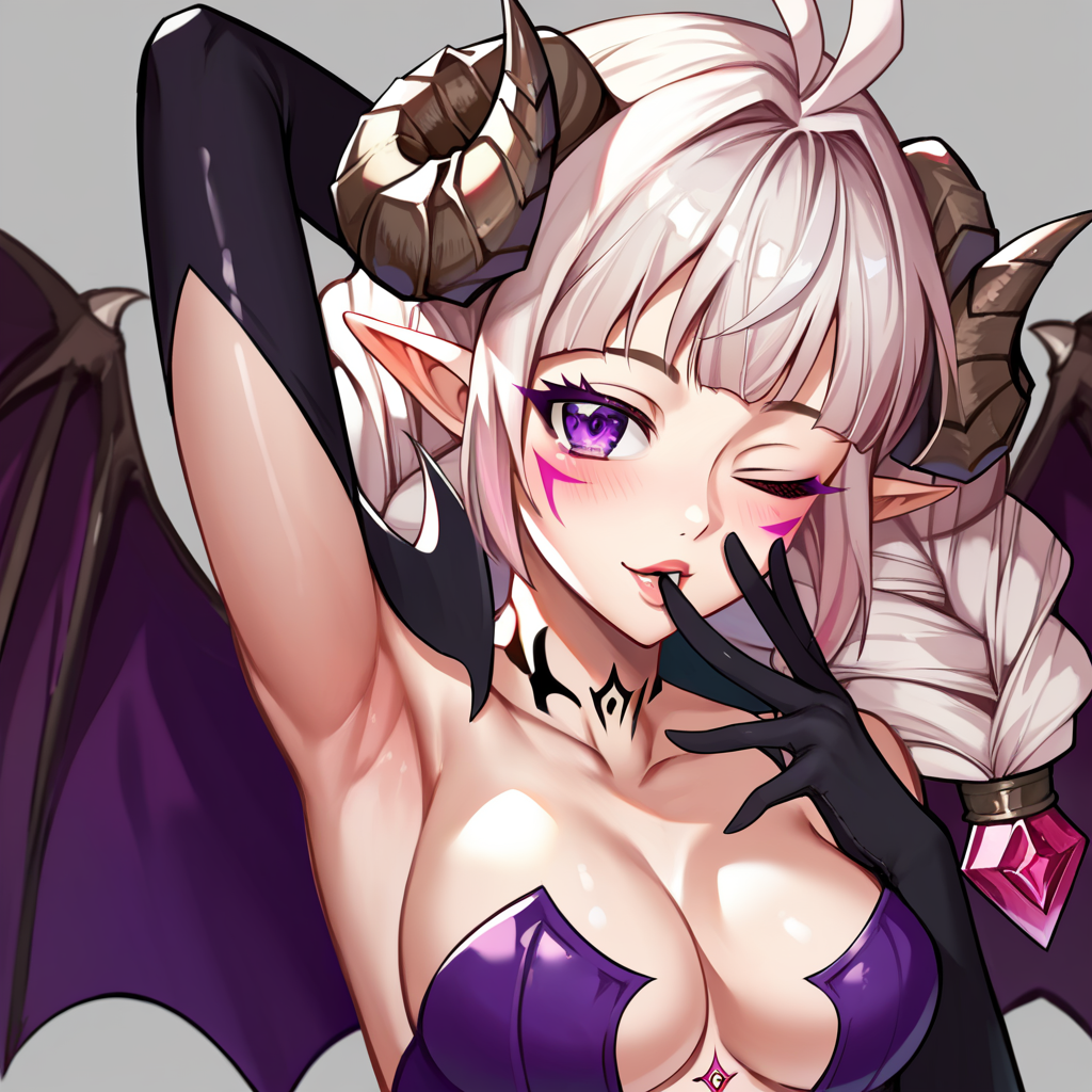score_9, score_8_up, score_7_up, score_6_up, uncensored, detailed eyes, perfect eyes, extremely detailed CG, extremely detailed face, perfect face, detailed Lora, best quality, source_anime, masterpiece, beautiful eyes, beautiful face, detailed eyes ,high resolution, distinct image BREAK  <lora:Dungeon Fighter Online_Nyarly:1>DNF_Forbidden_Nyarly, 1girl, solo, horns, wings, pointy ears, demon girl, purple eyes, white hair, twin braids, braid, long hair, gloves, thighhighs, high heels,  blowing kiss, looking at viewer, one eye closed, close up, heart, arm behind head, arm up