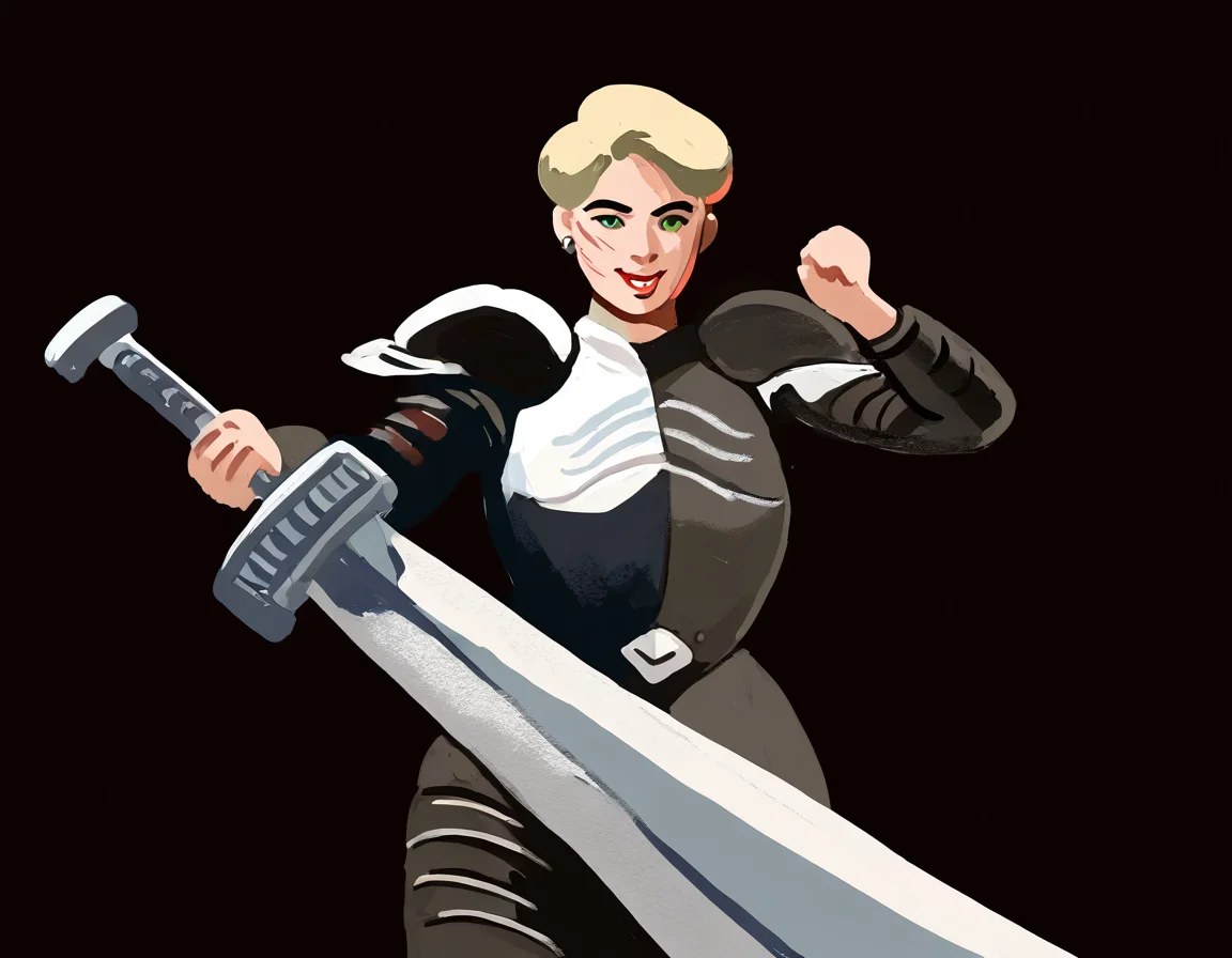by carl newman, 1girl, two-tone-armor, black-armor, white-armor, smug, posing, holding-weapon, oversized-sword, short-hair, blonde-hair, green-eyes, scar-on-face, piercing, masterpiece, best quality, newest, absurdres, highres