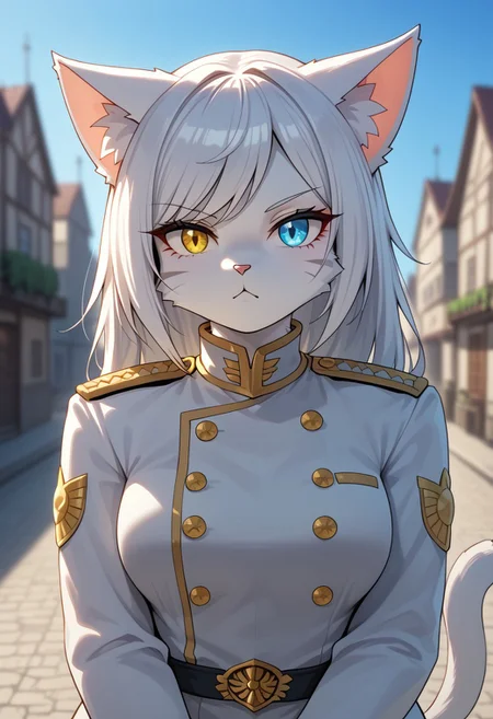(masterpiece), best quality, expressive eyes, perfect face, anime, (1girl, (cat girl, furry female cat, furry female), (white hair, sideswept bangs, white fur)), ((heterochromia, right gold eye, left blue eye)), (military uniform, knight), serious, (town), fine details, clothing textures, depth of field, dim lighting, high quality, thick outlines, symphtia-style