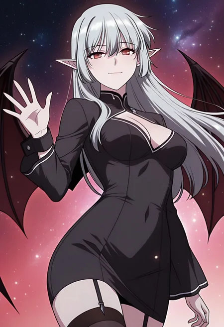 masterpiece,best quality,1girl,red eyes,devil_eyes,long hair,grey hair,hair between eyes,pointy ears,flowing hair,medium breast,cleavage,VampireDZ1,black dress,pencil dress,high collar,collared dress,cut-out dress,open back,white trim,black robe,long sleeves,flowing sleeves,flared cuffs,bat wings,demon wings,red lining,thigh-highs,garter straps,
anime screencap,anime coloring,<lora:AliceF7:1>,<lora:anime_screencap-IllustriousV2:0.7>,
anime screenshot,masterpiece,best quality,waving at viewer,galaxy background,light particles,light smile,cosmic background,portrait,no building,