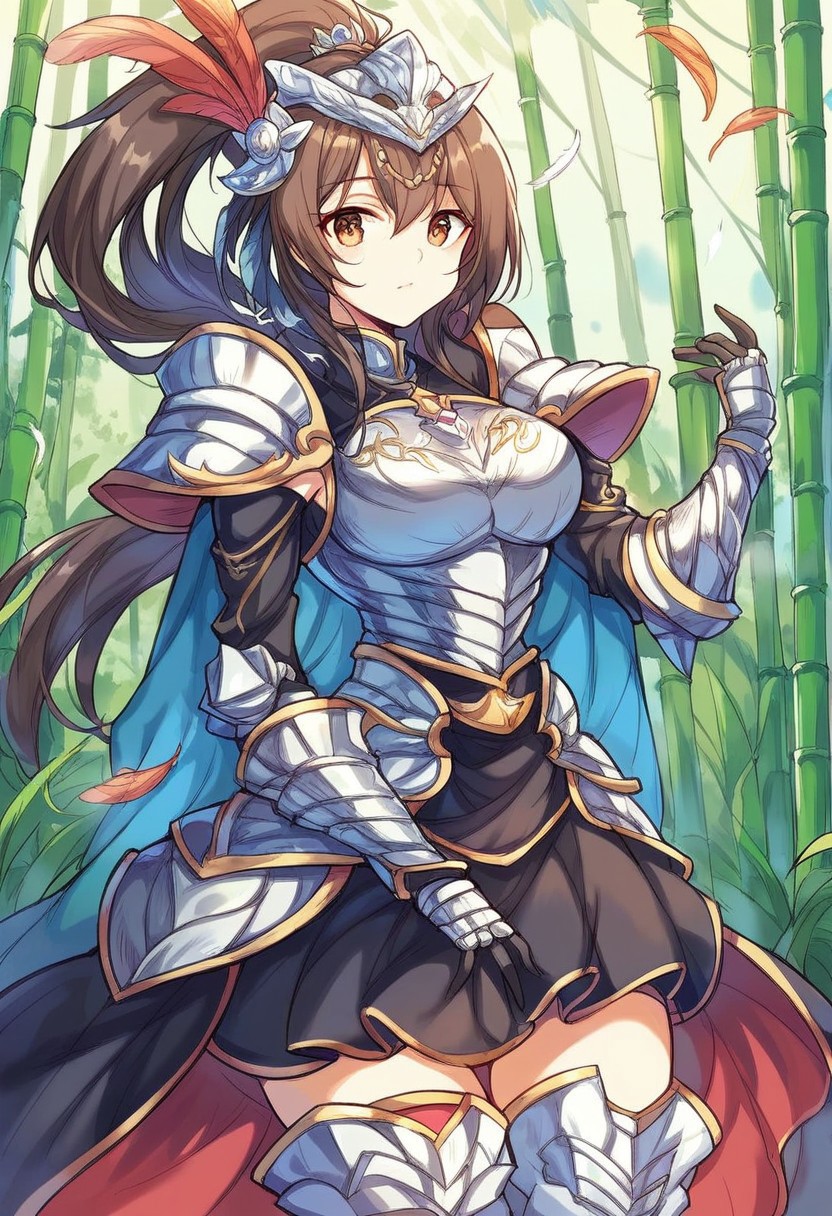 score_9,score_8_up,score_7_up, pov,1girl best quality, (masterpiece:1.2), illustration, absurdres, (1girl, solo), (beautiful detailed girl), kmsren <lora:LuLingqi-08:0.8>, Lu Lingqi, brown hair, brown eyes, long hair, hihg ponytail, headpiece, feathers, armored dress, shoulder armor, black skirt, thigh boots, armored boots, gloves, in bamboo forest, chinese architecture, stream,, standing, cowboy shot,, looking at viewer, confident, proud,