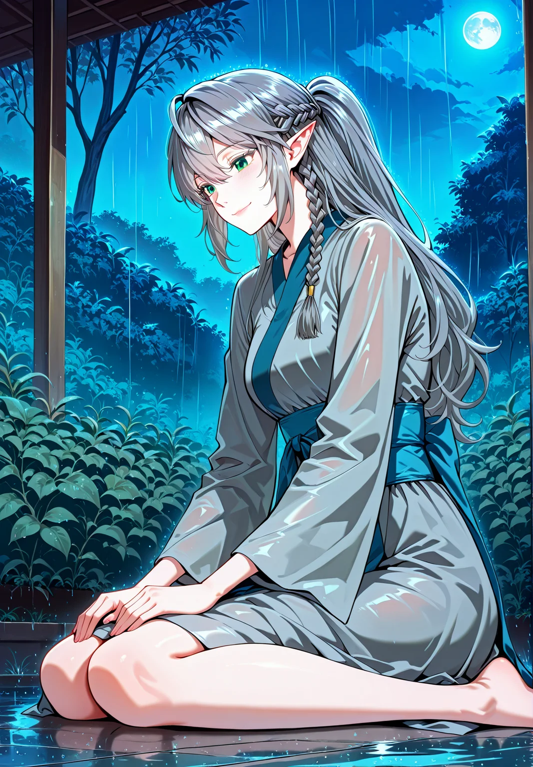 <lora:Tessia_Eralith__The_Beginning_After_the_End__Illustrious_v1-000008:1>
1 girl, solo, elf, pointy ears, green eyes, grey hair, braid, side braid, french braid, hair bettween eyes, bangs, long hair, ahoge
grey dress, long sleeves, barefoot, long sleeves, wide sleeves, ponytail, blue sash, bracelete
score_9, score_8_up, score_7_up, very aesthetic, source_anime, detailed, high quality, beautiful, detailed eyes, masterpiece, best quality, absurdres, perfect anatomy, 1girl, solo, wariza, sitting, hands on own knees, garden background, charming smile, rain, night, blue moon, <lora:iLLMythG0thicL1nes:1>