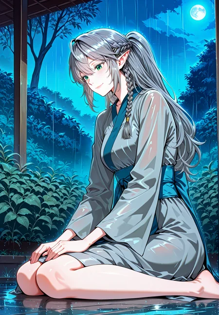 <lora:Tessia_Eralith__The_Beginning_After_the_End__Illustrious_v1-000008:1>
1 girl, solo, elf, pointy ears, green eyes, grey hair, braid, side braid, french braid, hair bettween eyes, bangs, long hair, ahoge
grey dress, long sleeves, barefoot, long sleeves, wide sleeves, ponytail, blue sash, bracelete
score_9, score_8_up, score_7_up, very aesthetic, source_anime, detailed, high quality, beautiful, detailed eyes, masterpiece, best quality, absurdres, perfect anatomy, 1girl, solo, wariza, sitting, hands on own knees, garden background, charming smile, rain, night, blue moon, <lora:iLLMythG0thicL1nes:1>