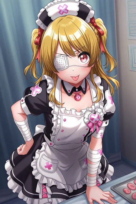 masterpiece, best quality, amazing quality,
 <lora:RinkuV2_IL:1> rinku, 1girl, eyepatch, bandages, blonde hair, solo, tongue out, tongue, apron, hat, dress, short sleeves, two side up, akanbe, nurse cap