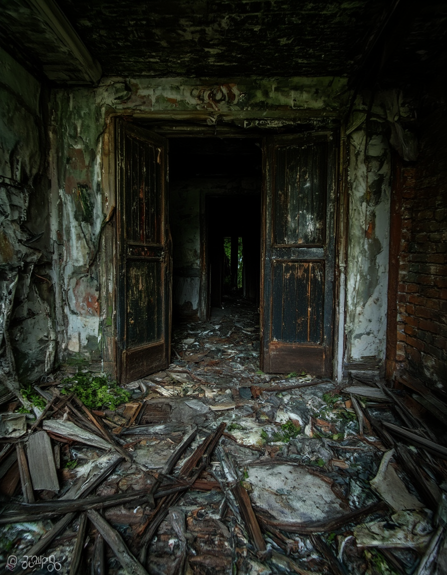 <lora:CW02_Lost_indusin:1> photo, cw02lost, indoors, abandoned, decayed, peeling paint, old door, ruined, bricks, dark interior, broken, destruction, moody lighting, urban decay, grunge, derelict, rust, debris, texture, eerie, mystery, forgotten, entrance, industrial, room, dirty, fantasy, green, T8, forest, trees, mist,