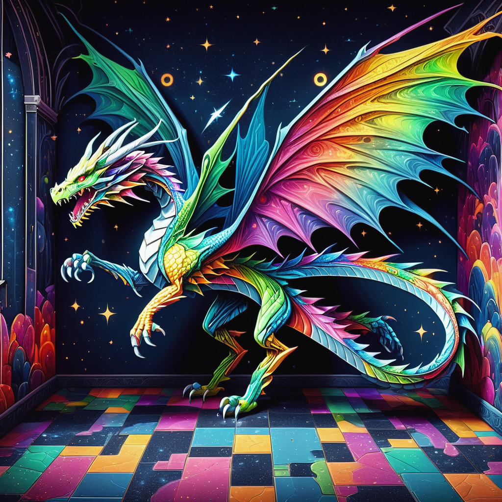 ((best quality)), ((masterpiece)), (hyper detailed),DonMF41ryW1ng5XL Dragon's Lair, Laser Gun, Linoleum Flooring,Precast Concrete, Wall Sconces, Footlighting, Glitch Art, <lora:DonMF41ryW1ng5XL:1>