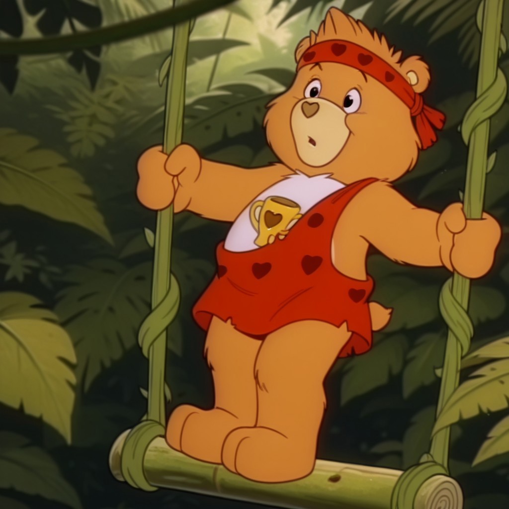 ,masterpiece, best quality, amazing quality,  champbearil, semi-anthro, male, bear_boy, yellow-orange fur, black eyes, tummy symbol, full body, solo, red headband, red caveman outfit, jungle, swinging from a vine