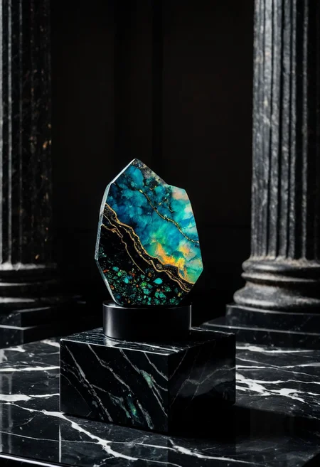 Fujifilm XT3, Sony A7 IV, (award winning photography) a (black: 0.89) marble hand made of opal (Kintsugi: 0.89) set on a pedestal in temple, glistening. in the background beautiful pillars, divine (iridescent: 0.79), opalescent textures, volumetric light, ethereal, sparkling, studio photo, highly detailed, sharp focus (highest quality: 1.39) (highest coherency: 1.39) (award winning photography), highly detailed photography, (muted colors, cinematic, dim colors, soothing tones:1.2), vibrant, insanely detailed, hyperdetailed, (dark shot:1.2), (vsco:0.3), (intricate details:0.9), (hdr, hyperdetailed:1.2) (vignette), sss, raw photo, fijifilm, kodak, cinematic film grain