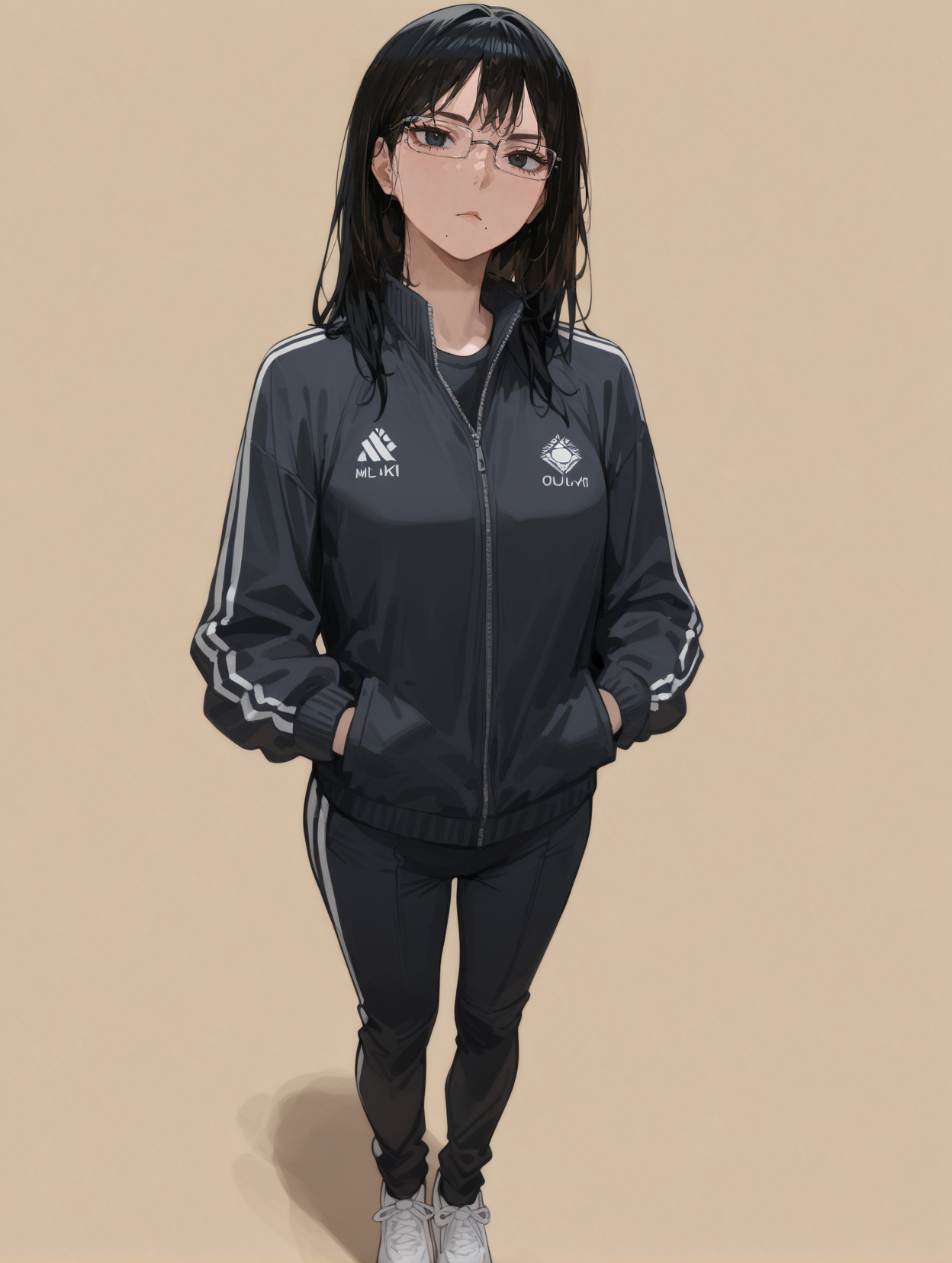 masterpiece,best quality,amazing quality,very aesthetic,absurdres,newest,
front view,full_shot,Raised eyebrow with interest,
ShimizukiyokoCYQL,1girl,solo,long hair,black hair,black eyes,glasses,semi-rimless eyewear,mole,mole under mouth,black jacket,track jacket,track suit,black pants,shoes,
full body,standing,covering_eyes,,
rosybrown background,simple background,
<lora:ponyv4_noob1_2_adamW:0.7>,<lora:spo_sdxl_10ep_4k-data_lora_webui:0.6>,<lora:USNR STYLE_XL_loha:0.45>,<lora:illustrious_all_rated_v1:0.7>,<lora:96YOTTEA-WAI:0.8>,,<lora:ShimizukiyokoCYQL:1>,