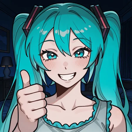 masterpiece,best quality,amazing quality,ch103s7n99i9710n,(chloesimagination_style-000010:1),solo,1girl,hatsune miku,smile,teeth,thumbs up,looking at viewer,upper body portrait,indoors,dark bedroom