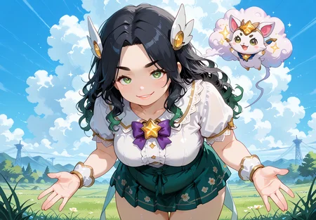 IllusP0s, PonyScores7, source_anime, ah1, IllustriousQual, interesting, exciting, spectacular, wonderful,
BREAK <lora:xl_more_art-full_v1:0.2>, <lora:aesthetic_anime_v1s:0.2>, <lora:EpicF4nta5yXL:0.2>, <lora:detailxl:0.2>, detailxl, <lora:Fant5yP0ny:0.2>, amazing quality, best aesthetic, absurdres, illustration, Volumetric_Lighting, ultra-detailed, very aesthetic, intricate details, best_quality, <lora:Anime_Aesthetic_Wallpaper_StyleIllustriousXL:0.4>, aniwall,
BREAK ((A swirling cloud of golden sparks pours from her palm, sparkling in the light)),
BREAK Stable_Yogis_PDXL_Positives, AS-Adult, <lora:Complicated fantasy portrait - XL Pony V2.0:0.2>, bad-hands-5, <lora:HDA_Detailer:0.3>, <lora:natsumi_style:0.5>, <lora:by_usakun-pony:0.4>, by usakun, <lora:Akina_Bbw_Style_-_PonyXL:0.2>, AkinBw, ((romantic Bohemian fashion style, blending romantic and bohemian elements, features flowing fabrics, lace details, and floral prints, evoking a dreamy and whimsical vibe)),
BREAK 1girl, mature female, (curvy), round-chin, caucasian, <lora:ETO_OC_Illustrius:0.5>, eto_oc, skindentation, (plump), thick thighs, wide hips, busty, voluptuous, <lora:venus body PonyXL:0.3>, <lora:shinyskin2:0.2>, glistening skin, HDA_FatGirlXL, round ass, large breasts,
BREAK ((<lora:shistarguardianV1:0.8>, shistarstylerng, starguardianstyle, magical girl, alternate costume, star guardian \(league of legends\))),
BREAK (curly hair), long hair, (black hair:1.4), (parted hair:1.7), messy hair, kinky curls, <lora:hairdetailpxl:0.2>, hairdetailpxl,
BREAK (half green and brown eyes), (colorful eyes), (multicolored eyes), (downturned eyes:1.4), <lora:expressive eyes:0.2>, expressive eyes, <lora:eyedetailpxl:0.2>, eyedetailpxl, <lora:Eyes_High_Definition:0.2>, EyesHD, (round face:1.2), (thick eyebrows:1.3), (plump face), <lora:Round_face:0.2>, lips,
BREAK ((smirk expression)), <lora:Expressive_H:0.2>, Expressiveh, <lora:Emotional_Anime_Expressions_PonyXL_Concept:0.2>, emotional, <lora:Best_Facial_Expression_LoRA_PONY:0.2>, looking at viewer, <lora:Detailed expressive EXEV style -XL Pony V1.0:0.2>, FaceDetail, <lora:Best_Facial_Expression_Helper_XTREME_ILLU:0.4>, kaogei,
BREAK (((Fresh produce))), <lora:Background Detailer - SDXL:0.8>, 4k, 8k, Ultra HD, Masterpiece, Best quality, Detailed background, <lora:Add_more_details_V2_XLpony:0.4>, full_details, <lora:background-type1:0.4>,