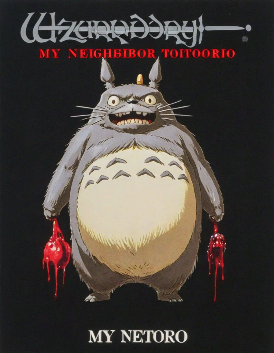 wzdry poster with text 'My Neighbor Totoro', depicting a scary spooky bloody realistic (angry:1.1) (Totoro:0.9) from a 70s horror movie poster, dark background, black background, FADED COLORS
<lora:wzdry:1>