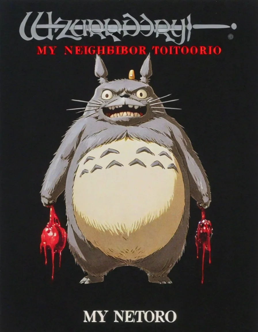 wzdry poster with text 'My Neighbor Totoro', depicting a scary spooky bloody realistic (angry:1.1) (Totoro:0.9) from a 70s horror movie poster, dark background, black background, FADED COLORS
<lora:wzdry:1>