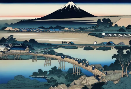 scenery, Village, river, wooden bridge, mount fuji, people, (best quality), woodcuts, highly detailed, KHsty-XL <lora:KHsty-XL-v3-AN:0.7>