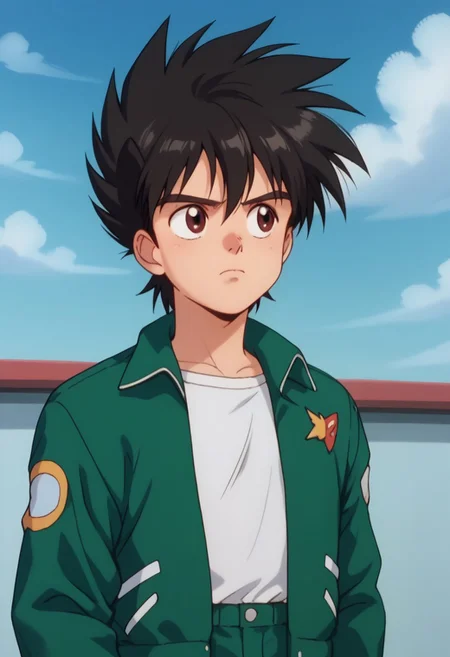 score_9, score_8_up, score_7_up, source_anime, highly detailed,
hayatokazami, 1boy, male focus, solo, brown eyes, black hair, shirt, green jacket, spiked hair, jacket, white shirt, upper body, looking to the side, closed mouth, open clothes, frown,
outdoor, sky,