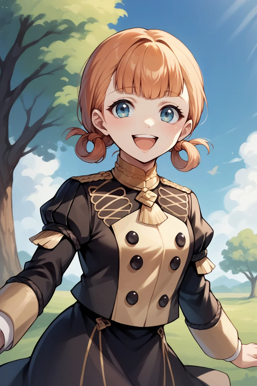 score_9, score_8_up, score_7_up, score_6_up, source_anime, BREAK 1girl, <lora:annette-pdxl-nvwls-v1-000005:1> defAnne, hair rings, short twintails, blunt bangs, black jacket, black skirt, blue pantyhose, happy, (open mouth:0.8), upper body, portrait, looking at you, blue sky, tree
