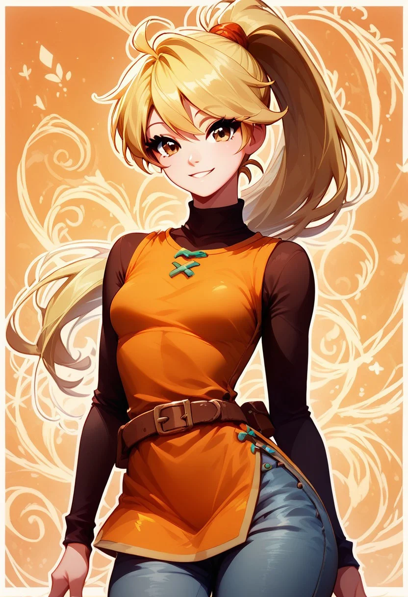 score_9, score_8_up, score_8, medium breasts, (curvy), cute, eyelashes, BREAK, ,
,,,
zzYellow, brown eyes, blonde hair, long hair, ponytail, bangs, orange tunic, brown belt, pants
,,,
smile, looking at viewer,
,,,
abstract background, white outline, cowboy shot,
,,,
zPDXL, Expressiveh,