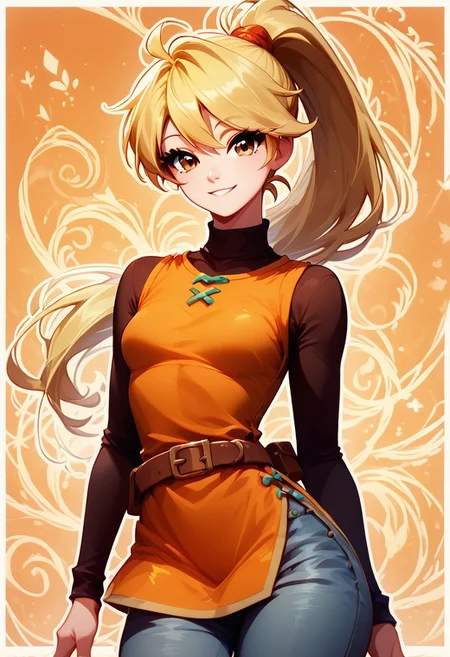 score_9, score_8_up, score_8, medium breasts, (curvy), cute, eyelashes, BREAK, ,
,,,
zzYellow, brown eyes, blonde hair, long hair, ponytail, bangs, orange tunic, brown belt, pants
,,,
smile, looking at viewer,
,,,
abstract background, white outline, cowboy shot,
,,,
zPDXL, Expressiveh,