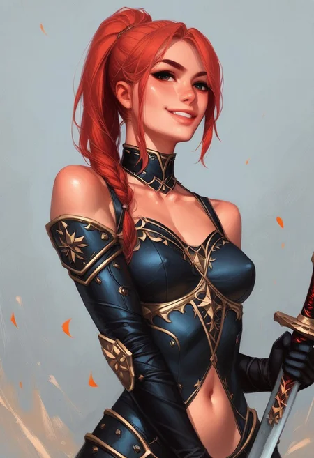 score_9,score_8,score_7,source_anime, rating_safe, colorful, 1girl, blond hair, ponytail, small breasts, red body armor,bare shoulders, collarbone, navel, (holding sword:1.5), wind, (light red skin:1.5)
evil smile,
(upper body:1.5),
side view,
from below,
looking at viewer, battle field, explosion, smoke, standing, dynamic pose, <lora:Expressive_H:1>expressiveh <lora:m4a1:1> anime, m4a1
((full-clothed))
BREAK
strange world background score_9, score_8_up, score_7_up, score_6_up, source_cartoon, rating_explicit, Expressiveh, (((((uppper body))))), dynamic pose