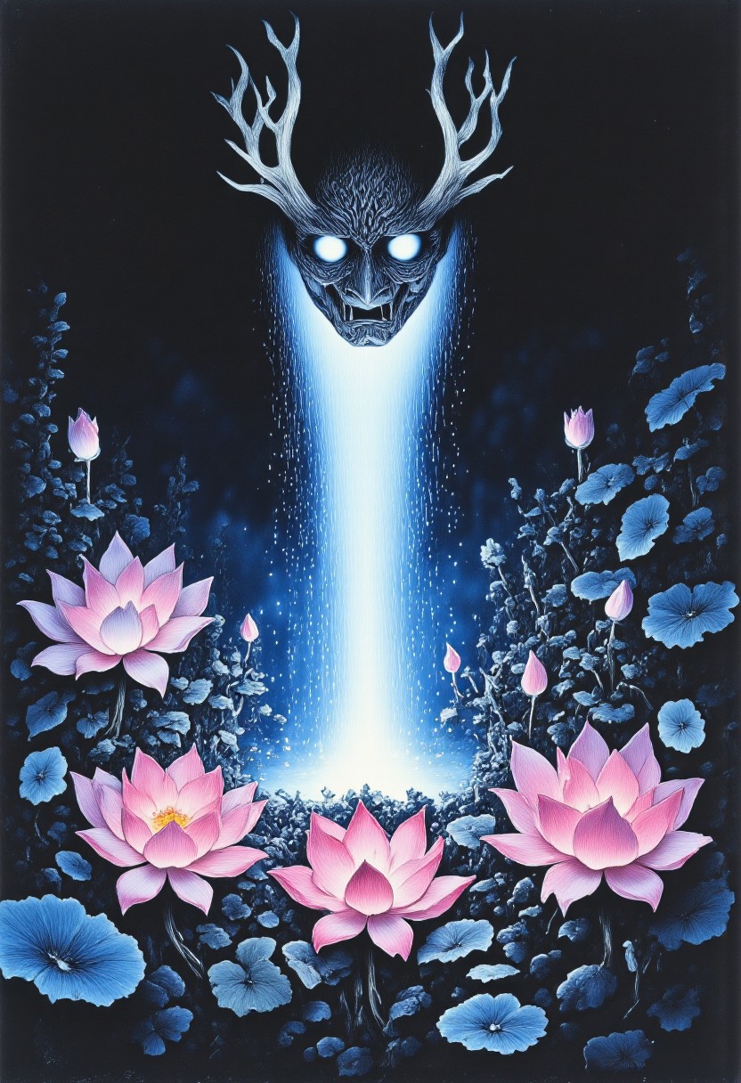 ArsMovieStill, movie still from a 1970s horror movie Studio Ghibli Dark Fairytale depicting a cursed hannya mask with horns and fangs blooming out of a blue lotus in a liminal bonsai garden with eerie radiating cyan and magenta miasma satyr