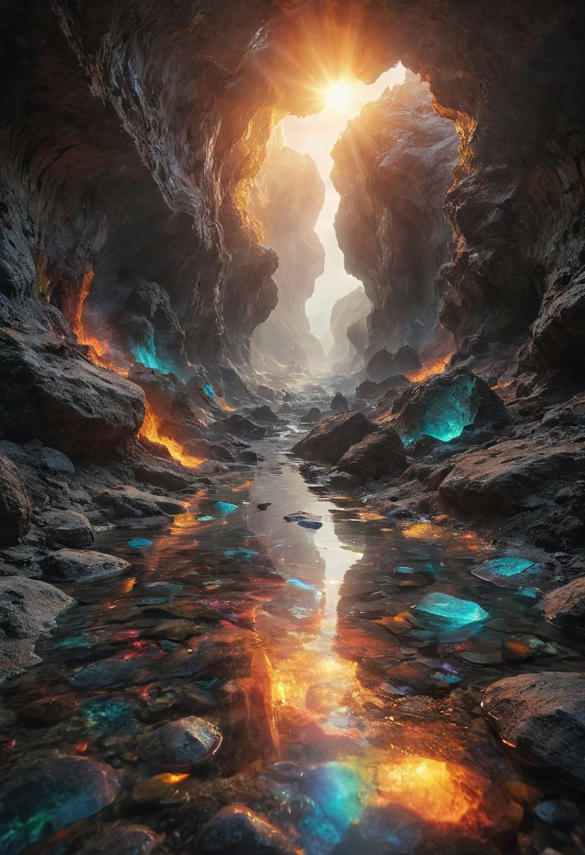 Giant alien canyon made with crystalline carapace, iridescence color, fine reflection, water on the floor, reflections, intricate complexity details, parts made with crystalline rainbow colors, giant blacks stones, myst, volumetric lighting, rim light, 
Wide range of colors., fire and ice, Dramatic,Dynamic,Cinematic,Sharp details
Insane quality. Insane resolution. Insane details. Masterpiece. 32k resolution.