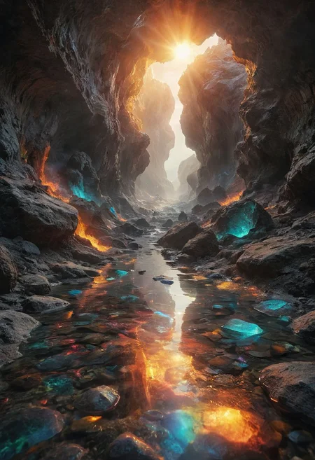 Giant alien canyon made with crystalline carapace, iridescence color, fine reflection, water on the floor, reflections, intricate complexity details, parts made with crystalline rainbow colors, giant blacks stones, myst, volumetric lighting, rim light, 
Wide range of colors., fire and ice, Dramatic,Dynamic,Cinematic,Sharp details
Insane quality. Insane resolution. Insane details. Masterpiece. 32k resolution.