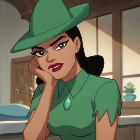 score_9, score_8_up, score_7_up, 1girl, solo, lipstick, black hair, black eyes, dark skin, green dress, green hat, Renee Montoya (dc), looking at viewer, cartoon_screencap, indoors
