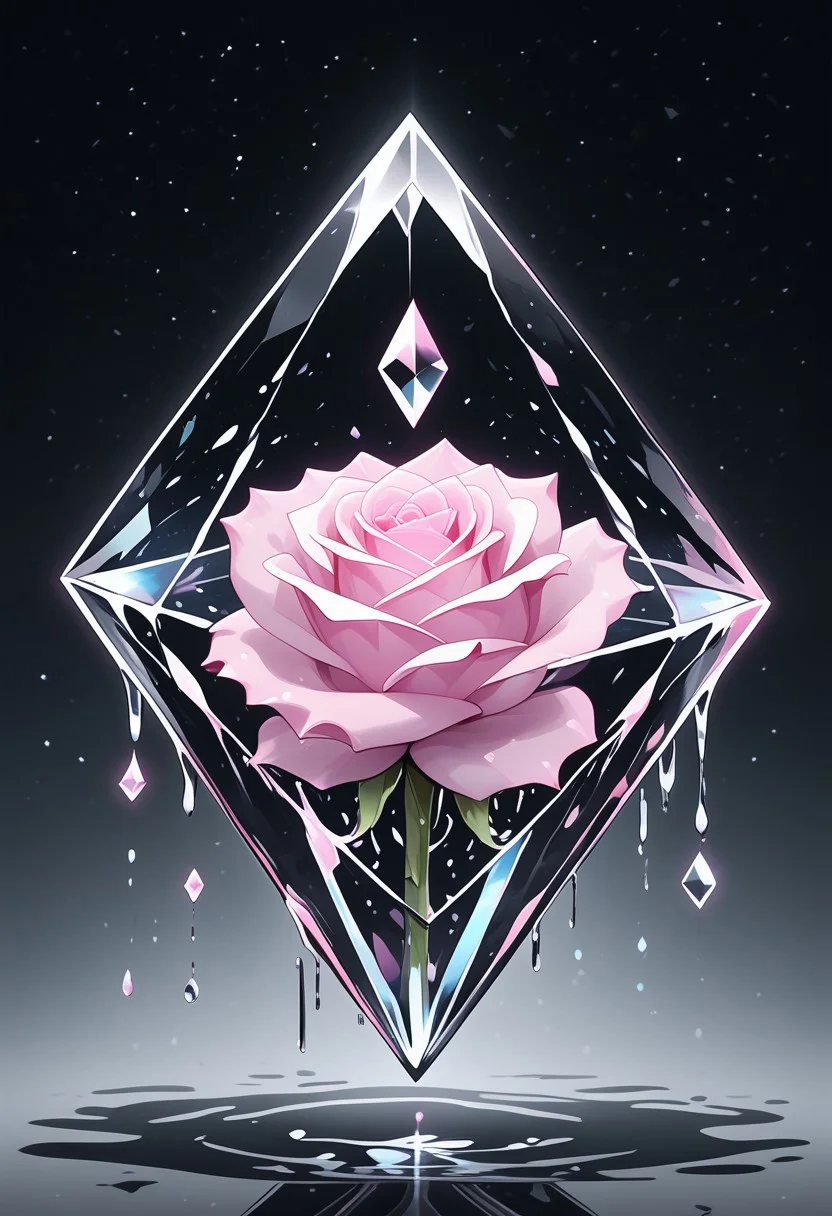 (masterpiece), best quality, Anime, Illustration, (Floating Diamond, Crystal, Magic, Reflection, Melting, Dripping, Pink Rose), Black Background, No Humans, Starry Theme, (Light Refraction), White and Pink Theme, Natural Lighting, Verynsty