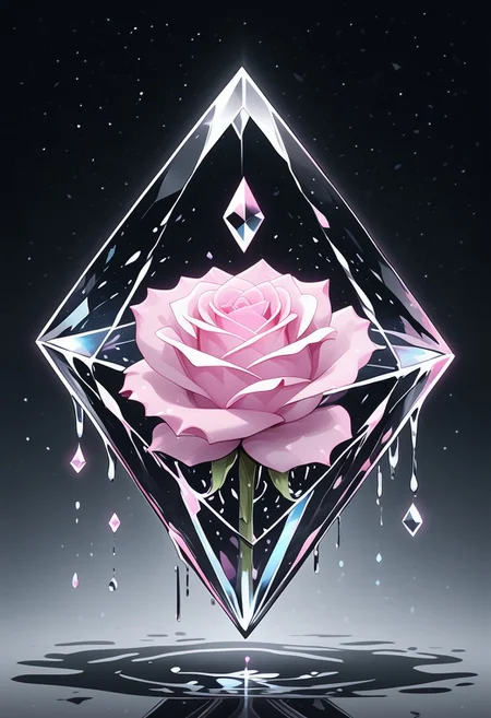 (masterpiece), best quality, Anime, Illustration, (Floating Diamond, Crystal, Magic, Reflection, Melting, Dripping, Pink Rose), Black Background, No Humans, Starry Theme, (Light Refraction), White and Pink Theme, Natural Lighting, Verynsty