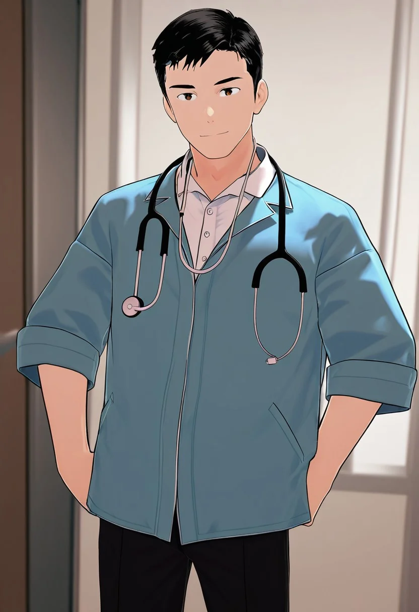 harmard, black hair, short hair, brown eyes, 1boy, solo, solo focus, wearing doctor uniform, black pants, stethoscope hanging on neck