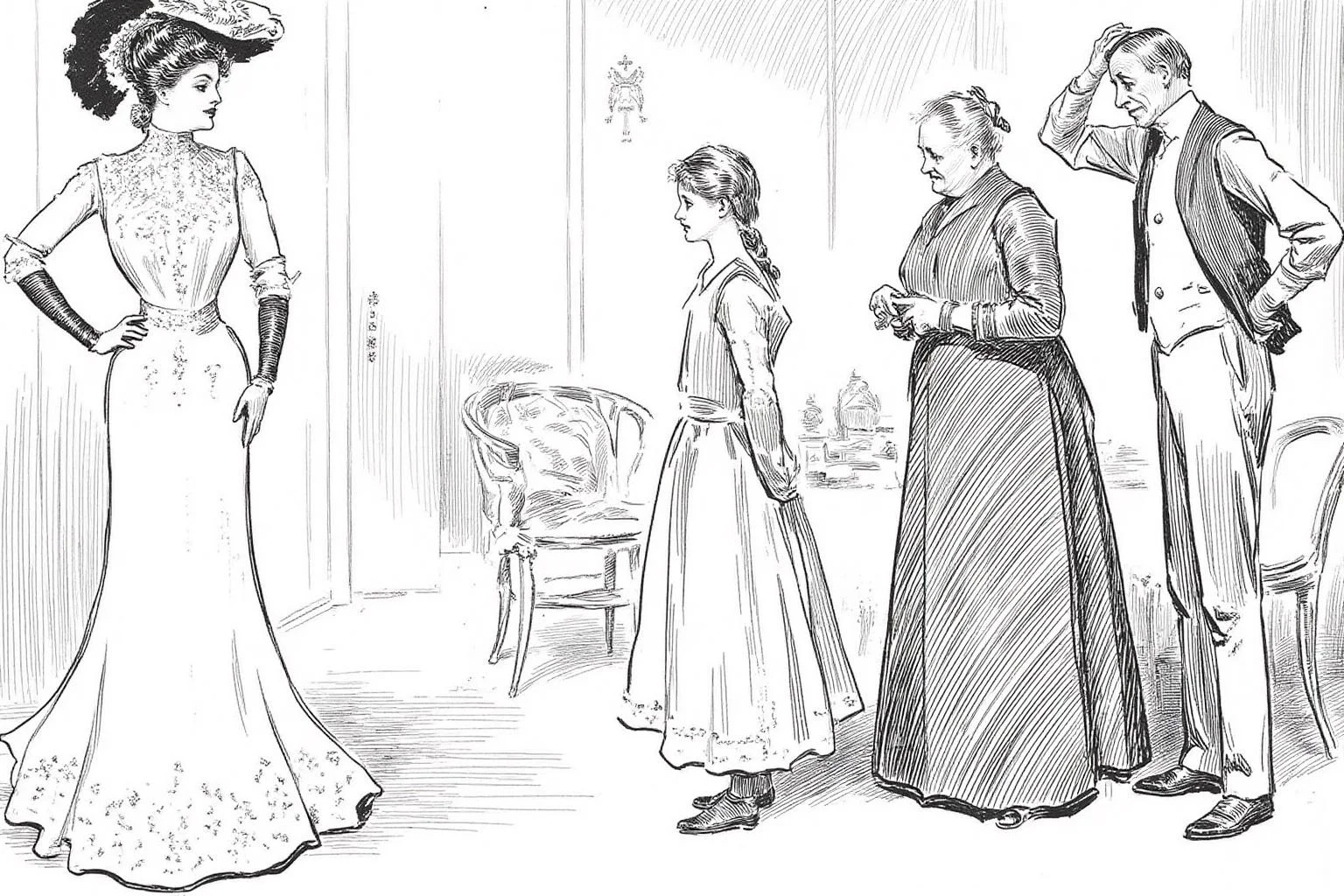 charlesdgibson1 illustration.
An indoor setting with a Victorian-era aesthetic. On the left, a tall, elegant woman stands confidently, dressed in a long, flowing gown with intricate detailing on the bodice and a high neckline. She is wearing a wide-brimmed hat adorned with feathers. On the right stands a young girl, an elderly woman, and an elderly man, all shown in side profile view, looking at the woman on the left. <lora:charlesdgibson1_cap_d8a4:1.0><lora:839942861458770942:0>