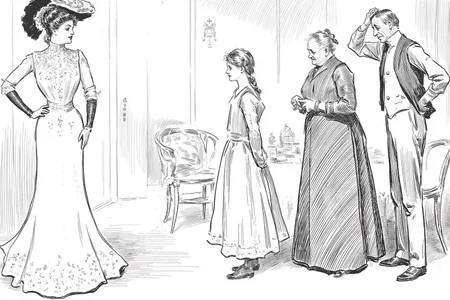 charlesdgibson1 illustration.
An indoor setting with a Victorian-era aesthetic. On the left, a tall, elegant woman stands confidently, dressed in a long, flowing gown with intricate detailing on the bodice and a high neckline. She is wearing a wide-brimmed hat adorned with feathers. On the right stands a young girl, an elderly woman, and an elderly man, all shown in side profile view, looking at the woman on the left. <lora:charlesdgibson1_cap_d8a4:1.0><lora:839942861458770942:0>