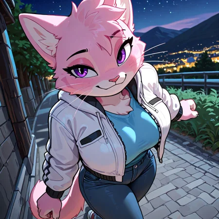 masterpiece, best quality, newest, absurdres, highres, furry, perfect anatomy, J4n4,1girl,solo,furry,furry female,cat girl,cat ears,purple eyes,animal nose,whiskers,body fur,two-tone fur,pink fur,white fur, blue shirt, white jacket, blue pants, denim, road, walking, standing, looking up, looking at sky, talking, happy, smiling, mountainous background, night, nighttime,