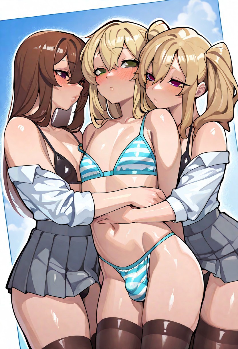 hi res, masterpiece, best quality, detailed, amazing quality, detailed background, detailed eyes, clean eyes, best quality, highres, highres, greatscore, absurdres, dynamic angle, dynamic pose, 20yo, (textured:1.4), extremely detailed eyes, pretty,
EURK_ST, Kibawomuku_ST, Trap, TR4P, beauty, 1boy, blonde hair, otoko no ko, blush, multiple girls, bulge, underwear, crossdressing, navel, uniform, striped bra, long hair, thighhighs, striped panties, side ponytail, hetero, trio, brown eyes, pleated skirt, sandwiched, breasts, hair between eyes, 2girls, shirt, black bra, striped bikini, girl sandwich, blue bra, hug, strap slip, swimsuit